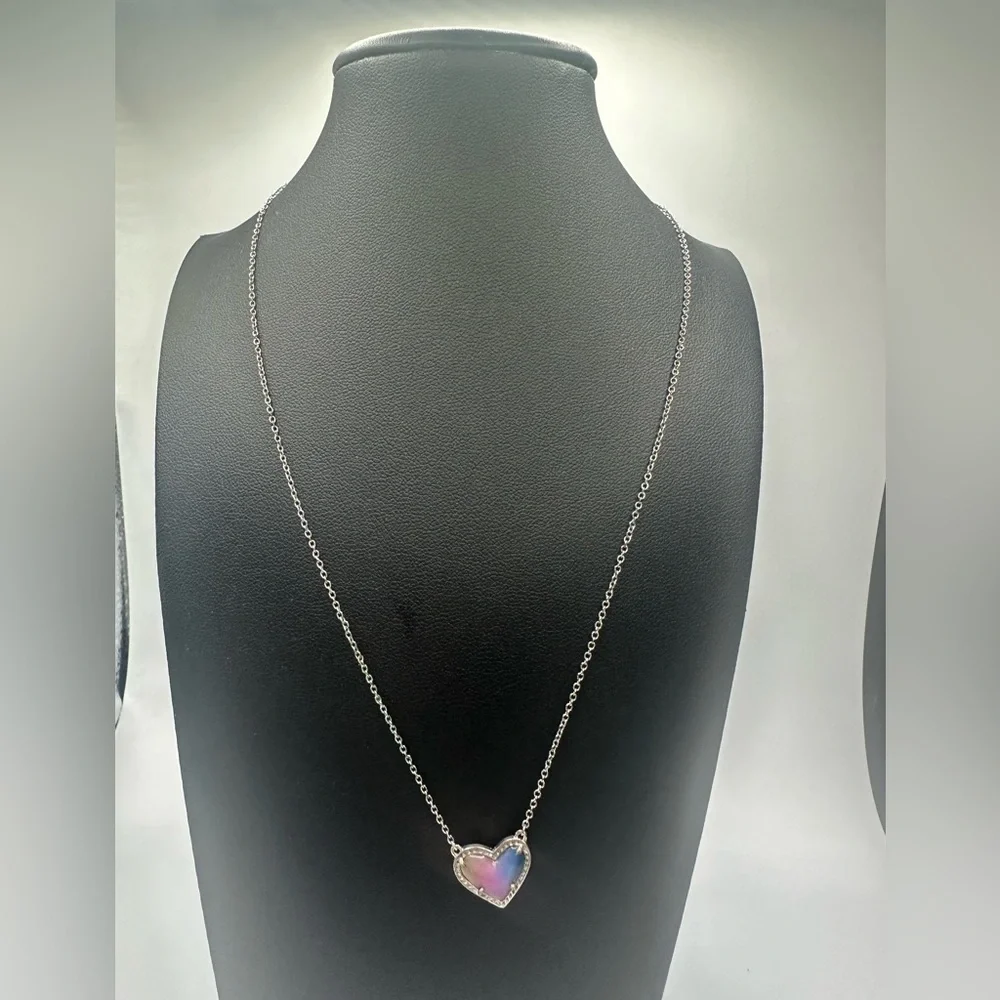 Kendra Scott Ari Heart Pendant Necklace Rainbow Iridescent Stone Silver Tone - Picture 11 of 12